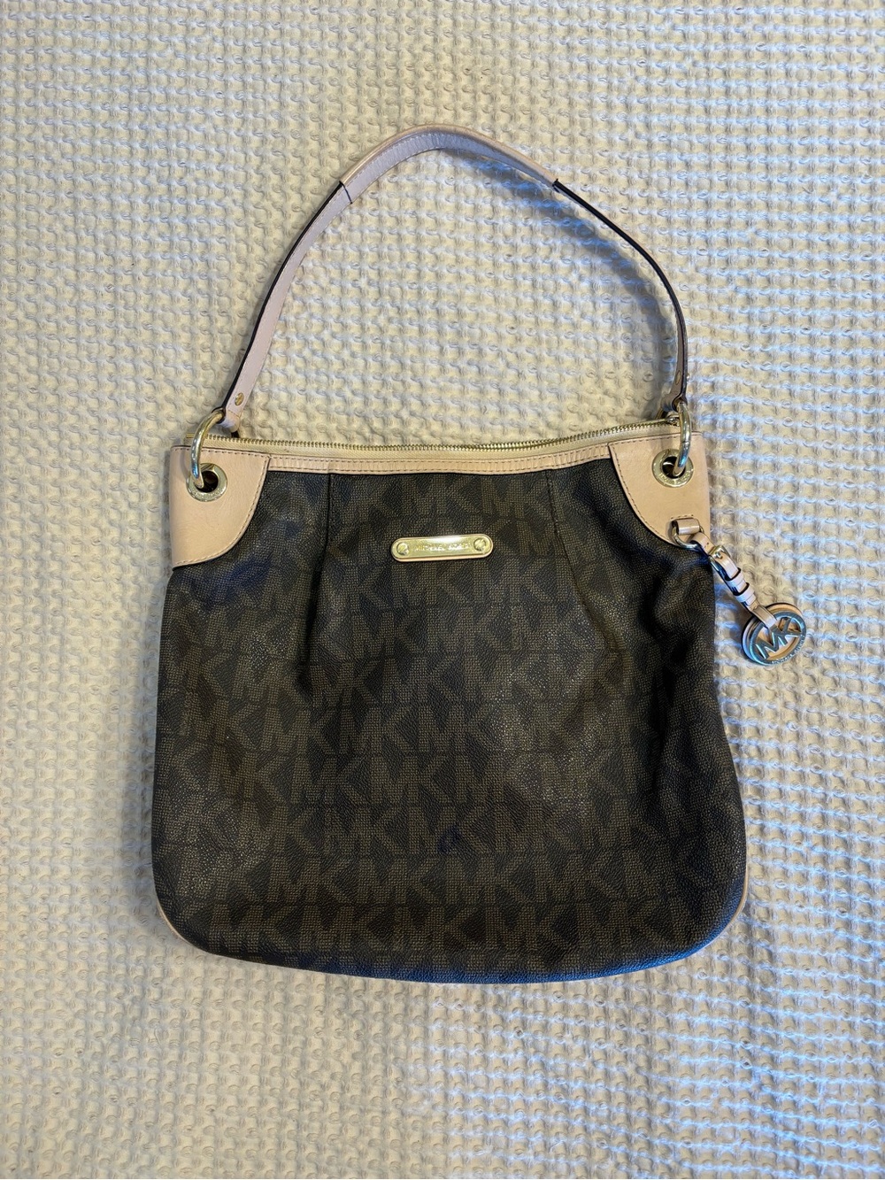 Michael Kors Dark Brown MK Logo Shoulder Bag with Cream Trim